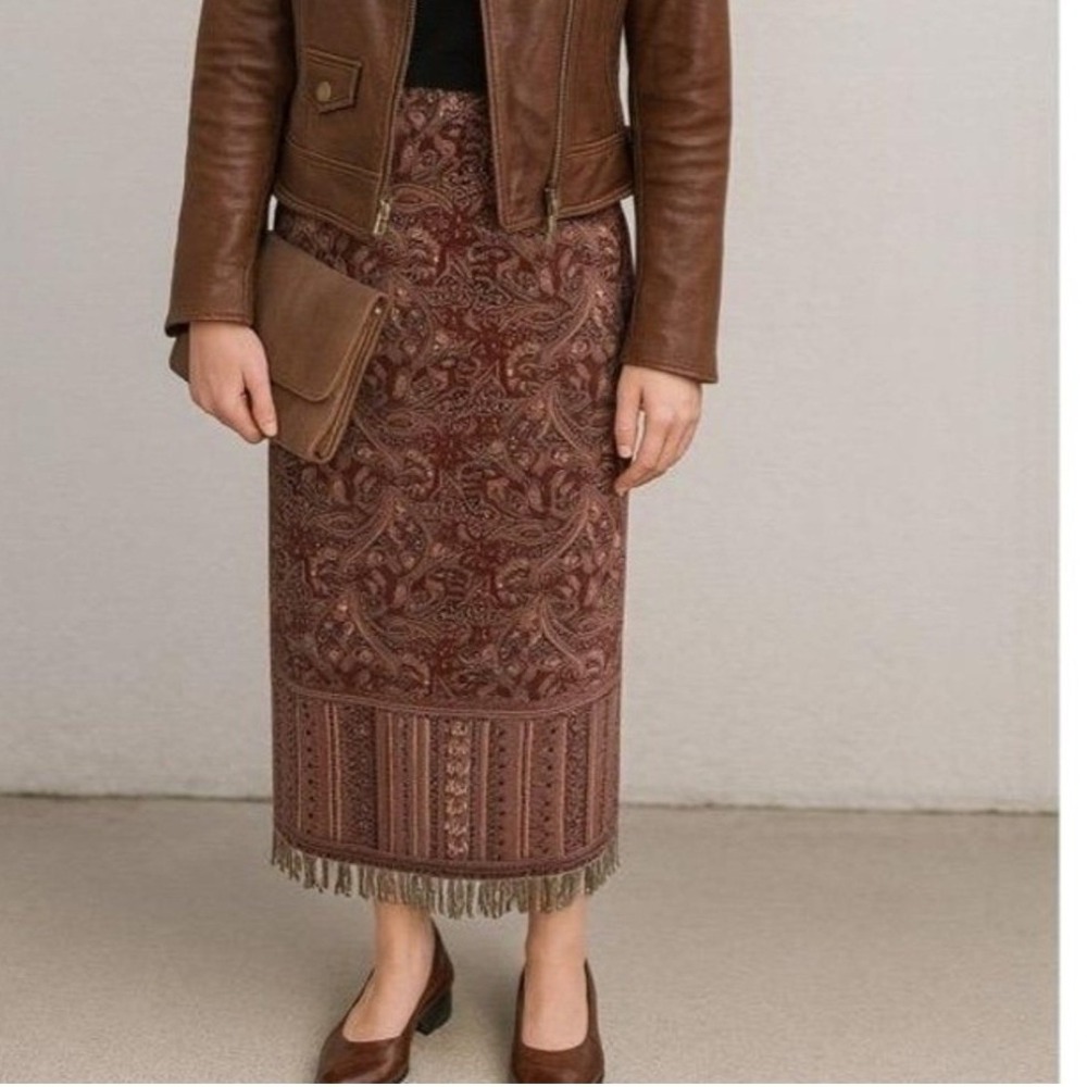 BFA Skirt Womens 12 Paisley Print Fringe Hem‎ High Waisted Maxi Boho Indie